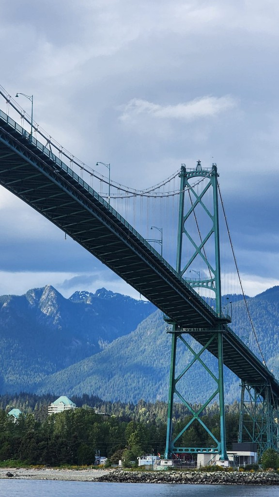 Teal suspension bridge with blue mountains in the background