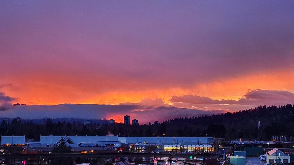 Purple and orange sunset over the city skyline