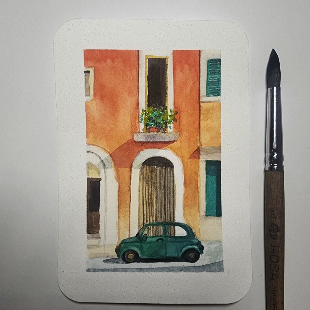 Watercolor of an orange building facade with a small green car