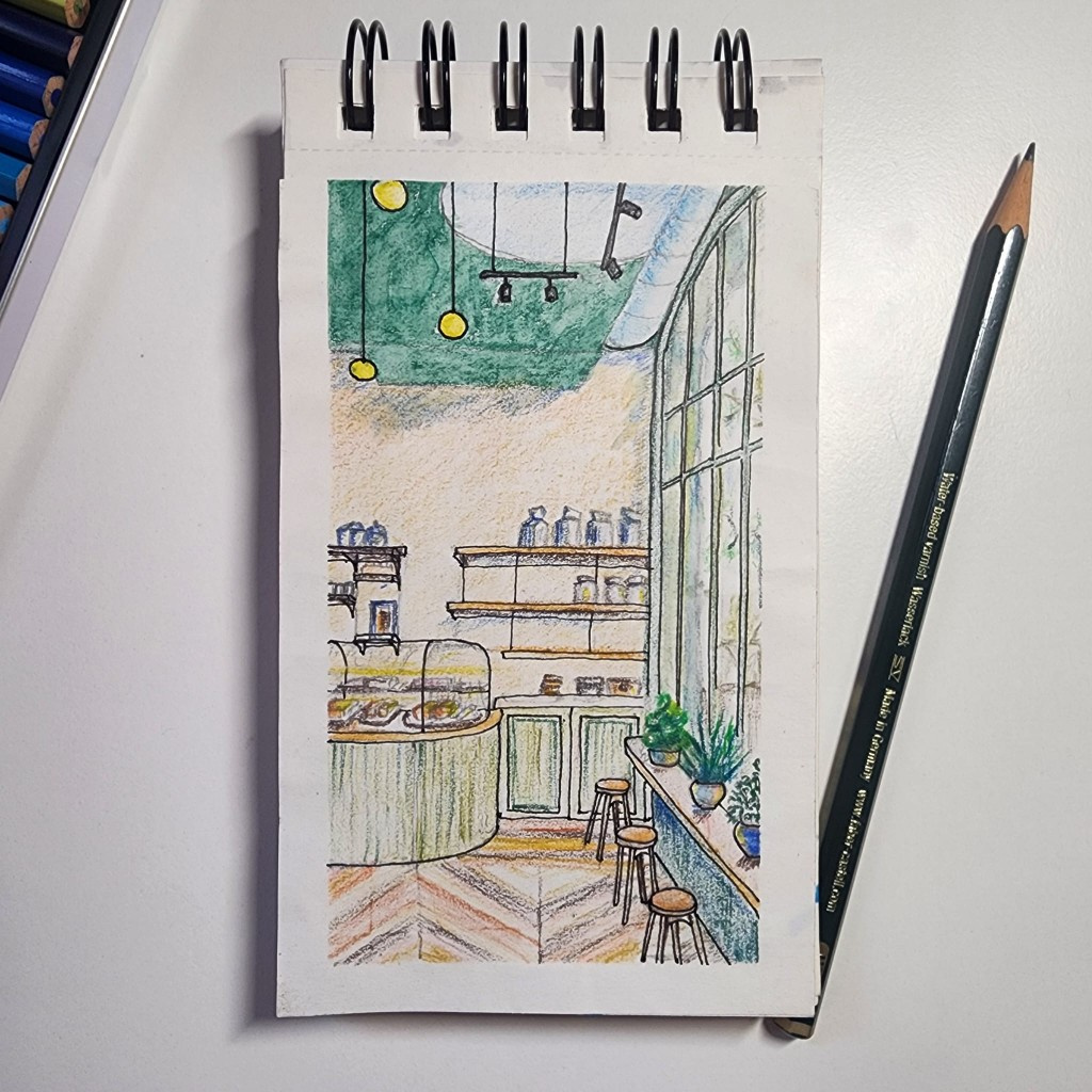 Colored sketch of a cafe interior with pastry case and window seating