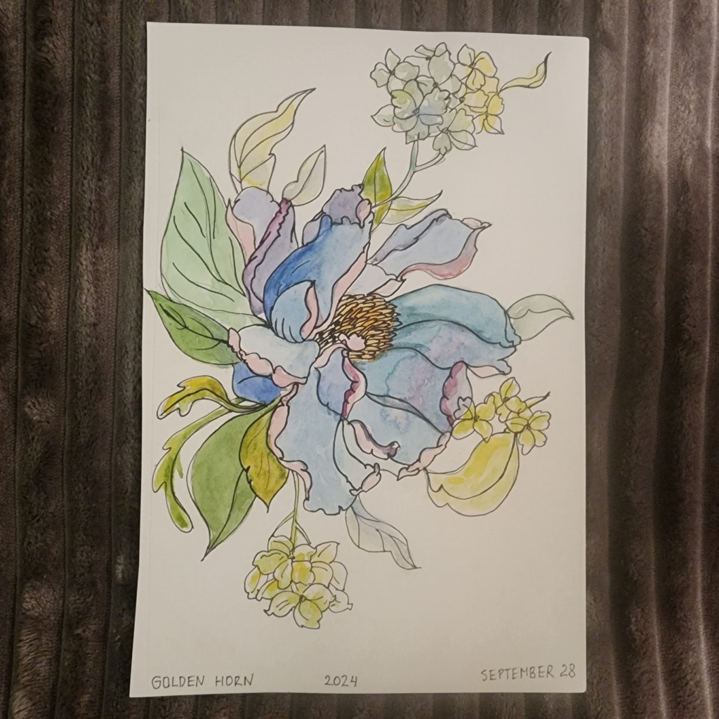 Watercolor flower study titled Golden Horn, September 28, 2024