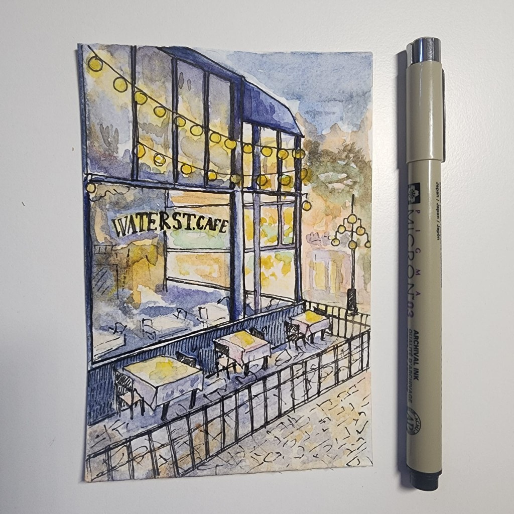 Watercolor and ink urban sketch of Water St. Cafe