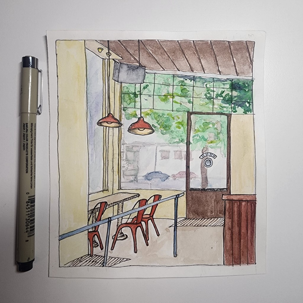Cafe interior sketch with red chairs looking out to a sunlit street